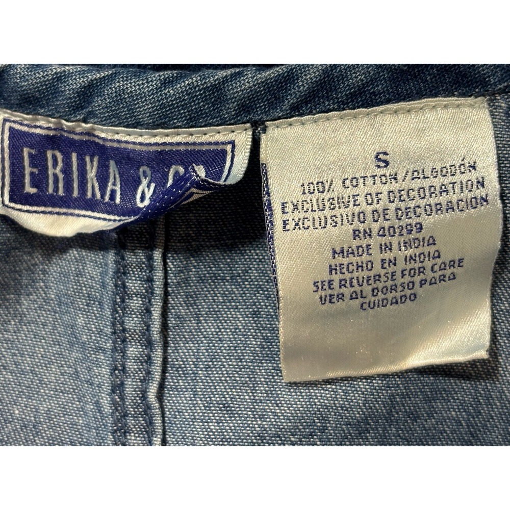 Vtg Erika & Co Denim Jumper Midi Dress Women's S Blue Floral Embroidered Cottage - Picture 6 of 6